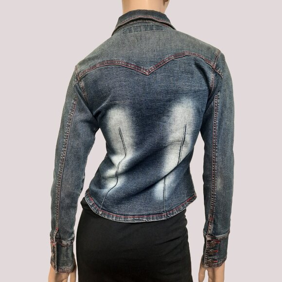 Vintage 90s Denim Shirt Jean Jacket Shacket Size 7 Western Stretch Fitted - Picture 2 of 8